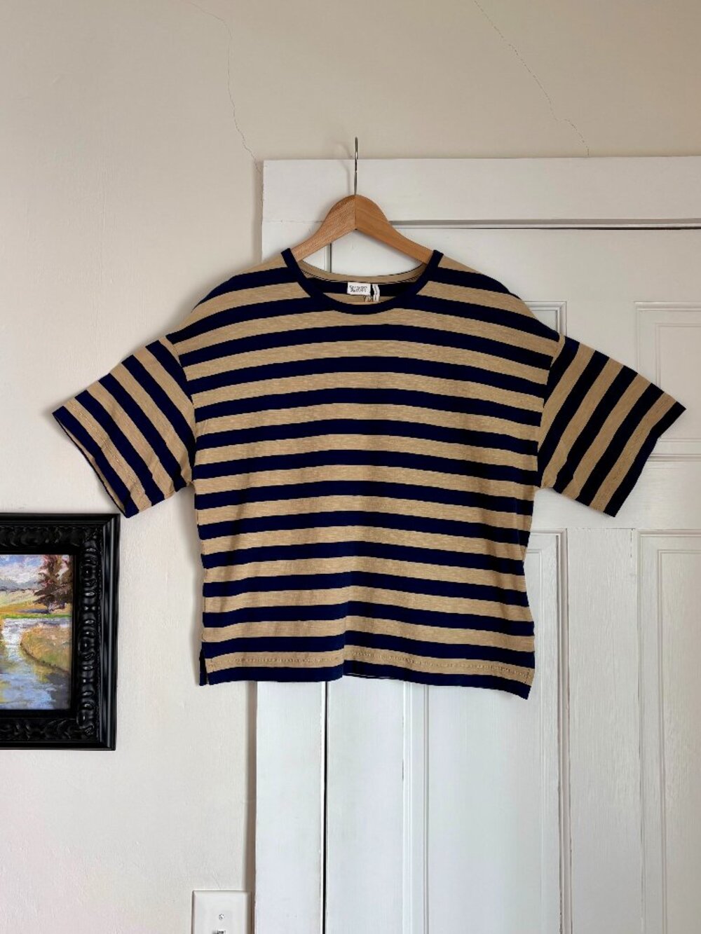 Toast Bold Stripe Cotton Boxy Tee in Blue/Sand - Sz. Small - Brand New with Tags - Picture 2 of 13